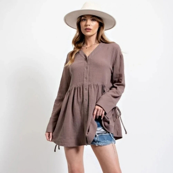 New! Easel Mocha Button Down Long Sleeve Cotton Tunic Top - Picture 1 of 6